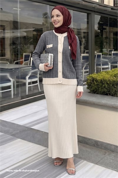 Etekli Hırkalı Antrasit Triko Takım