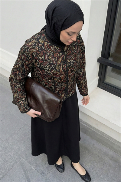 Etnik Desen Ceket Etek Siyah Takım