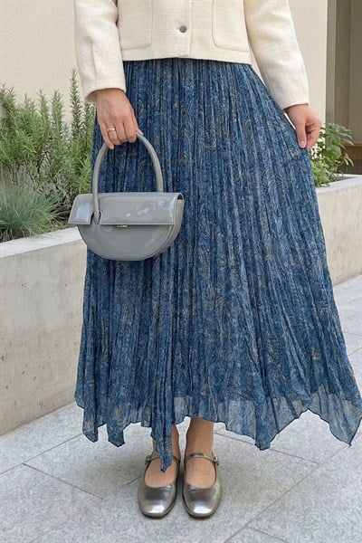 Etnik Desen Kraş Mavi Etek