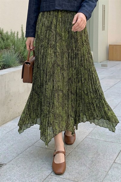 Etnik Desen Kraş Yeşil Etek