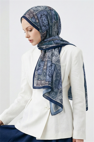 Etnik Desen Lacivert Soft Pamuk Şal