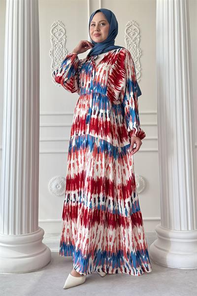 Etnik Ebruli Kırmızı  Viskon Elbise