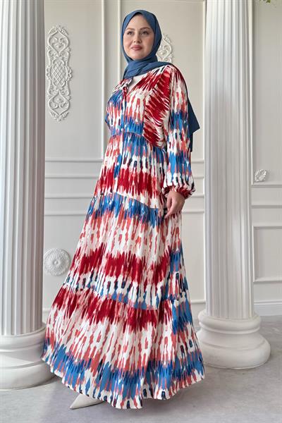 Etnik Ebruli Kırmızı  Viskon Elbise