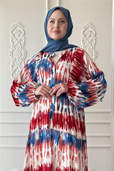 Etnik Ebruli Kırmızı  Viskon Elbise