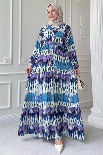 Etnik Ebruli Mor Viskon Elbise