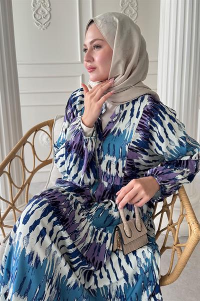 Etnik Ebruli Mor Viskon Elbise