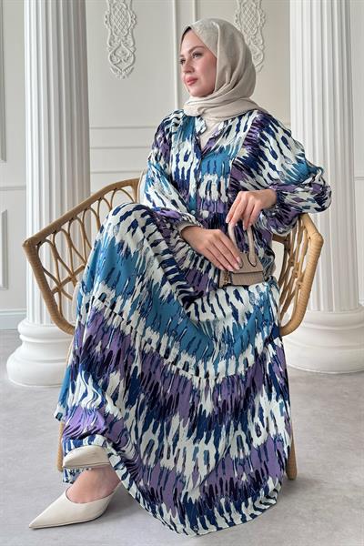 Etnik Ebruli Mor Viskon Elbise