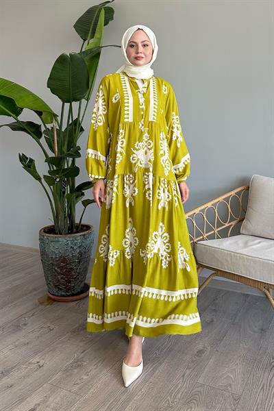 Etnik Motif Yağ Yeşili Viskon Elbise