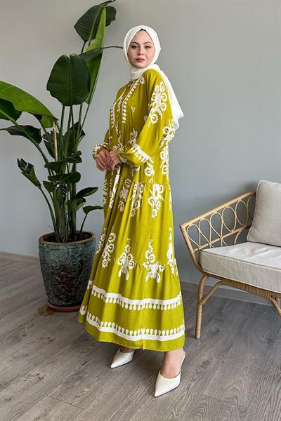 Etnik Motif Yağ Yeşili Viskon Elbise