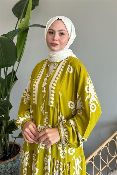 Etnik Motif Yağ Yeşili Viskon Elbise