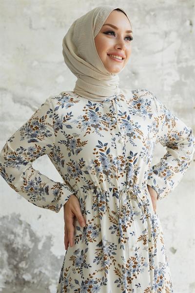 Evesya Tünel Bağcıklı Viskon Elbise - Mavi