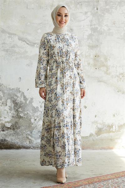 Evesya Tünel Bağcıklı Viskon Elbise - Mavi