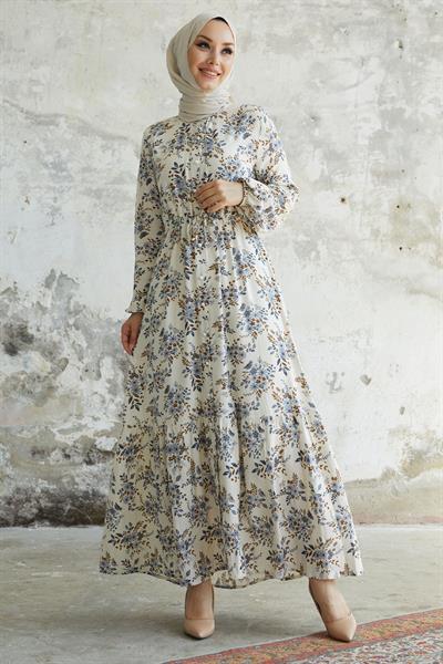 Evesya Tünel Bağcıklı Viskon Elbise - Mavi