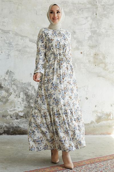 Evesya Tünel Bağcıklı Viskon Elbise - Mavi