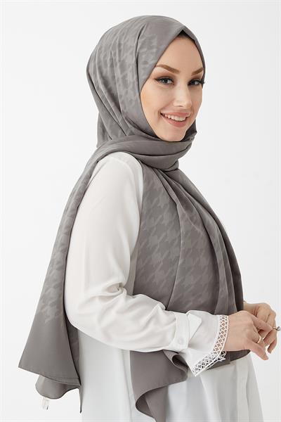 Evya Kazayağı Desen İpeksi Jakar Şal - Koyu Gri