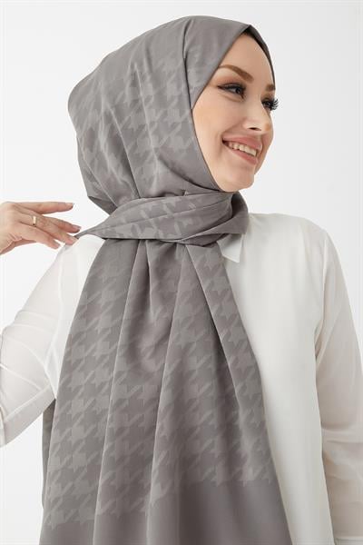 Evya Kazayağı Desen İpeksi Jakar Şal - Koyu Gri
