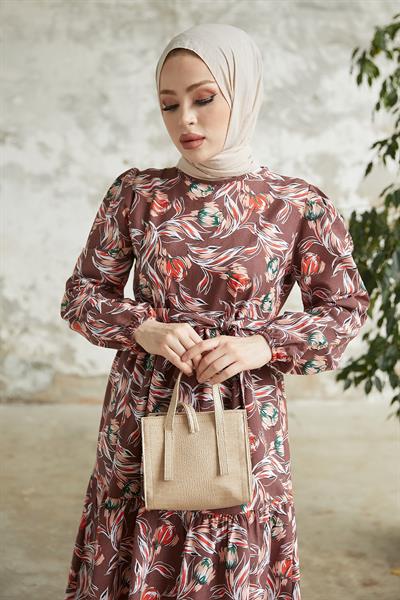 Felara Çiçek Desen Kuşaklı Elbise - Acı Kahve