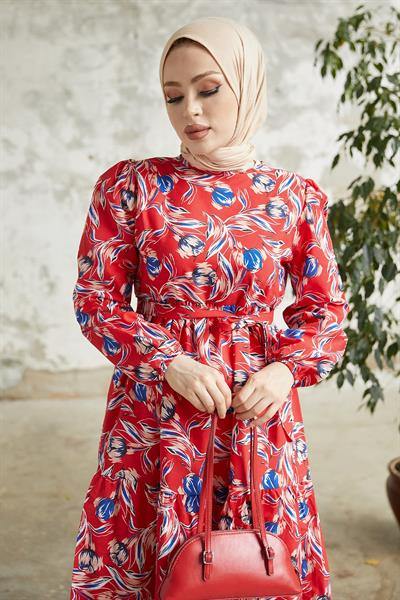 Felara Çiçek Desen Kuşaklı Elbise - Kırmızı