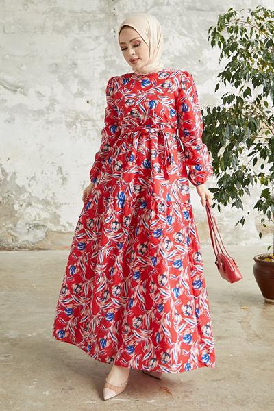Felara Çiçek Desen Kuşaklı Elbise - Kırmızı