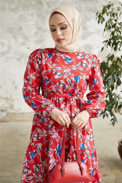 Felara Çiçek Desen Kuşaklı Elbise - Kırmızı