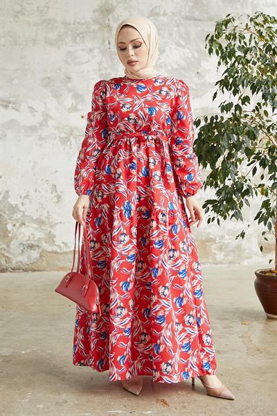 Felara Çiçek Desen Kuşaklı Elbise - Kırmızı
