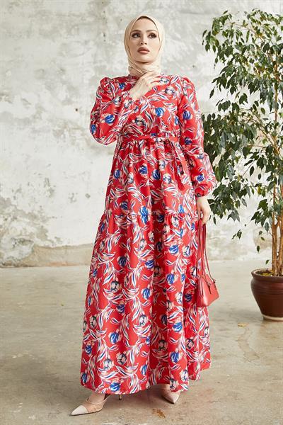 Felara Çiçek Desen Kuşaklı Elbise - Kırmızı