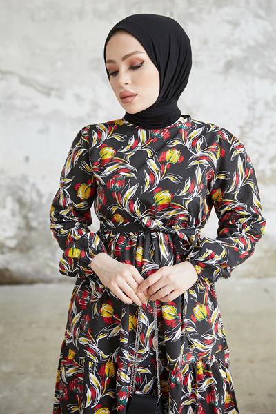 Felara Floral Belted Dress - Black