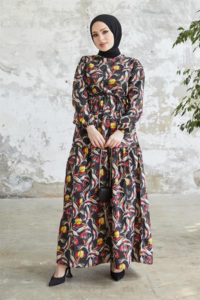Felara Floral Belted Dress - Black