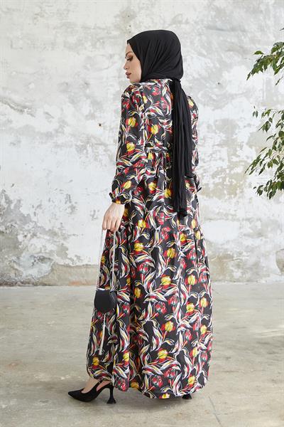 Felara Floral Belted Dress - Black