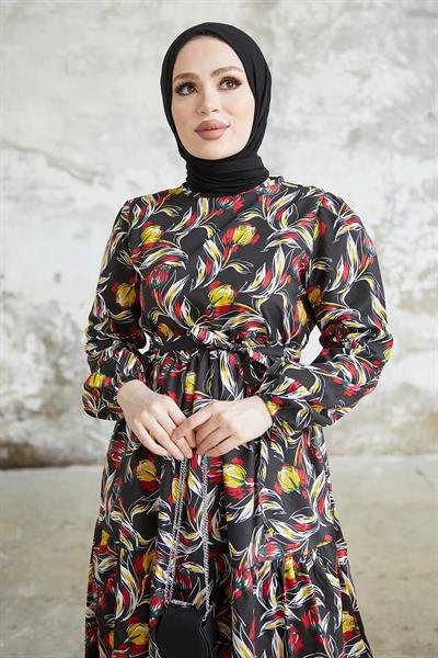 Felara Floral Belted Dress - Black