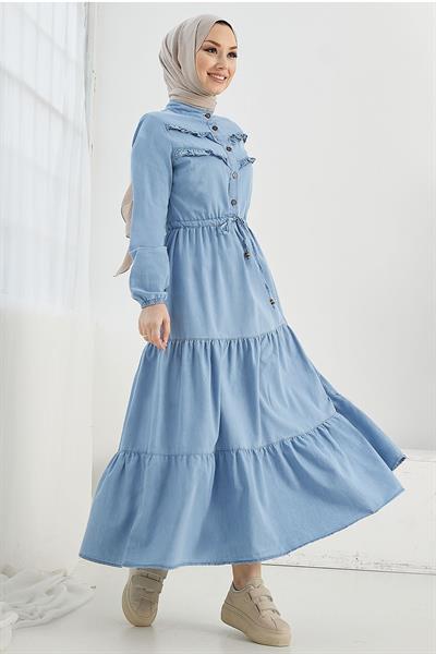Felen Fırfır Detaylı Kot Elbise - Açık Mavi