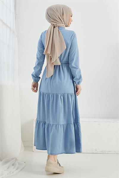 Felen Fırfır Detaylı Kot Elbise - Açık Mavi