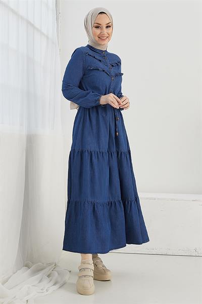 Felen Fırfır Detaylı Kot Elbise - Koyu Mavi