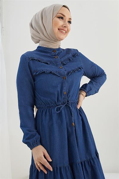 Felen Fırfır Detaylı Kot Elbise - Koyu Mavi