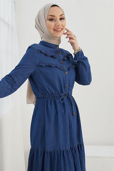 Felen Fırfır Detaylı Kot Elbise - Koyu Mavi