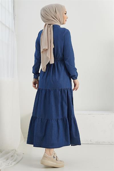 Felen Fırfır Detaylı Kot Elbise - Koyu Mavi