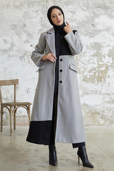 Ferisa Çift Renk Astarlı Kaşe Kaban - Gri