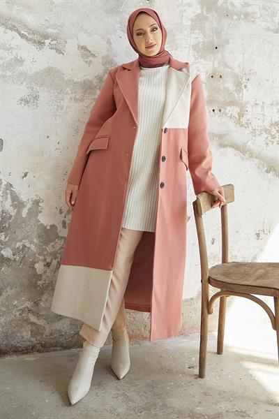 Ferisa Çift Renk Astarlı Kaşe Kaban - Pudra
