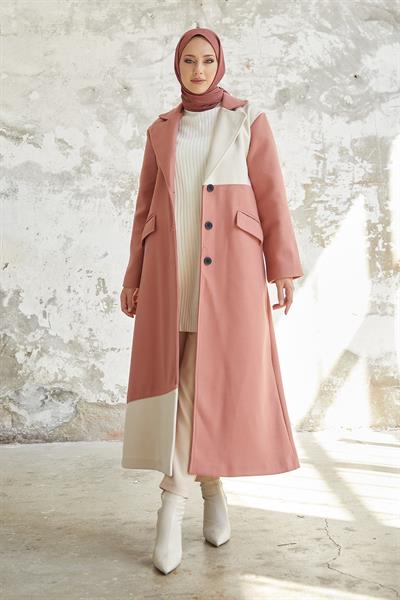 Ferisa Çift Renk Astarlı Kaşe Kaban - Pudra