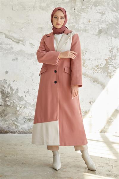 Ferisa Çift Renk Astarlı Kaşe Kaban - Pudra