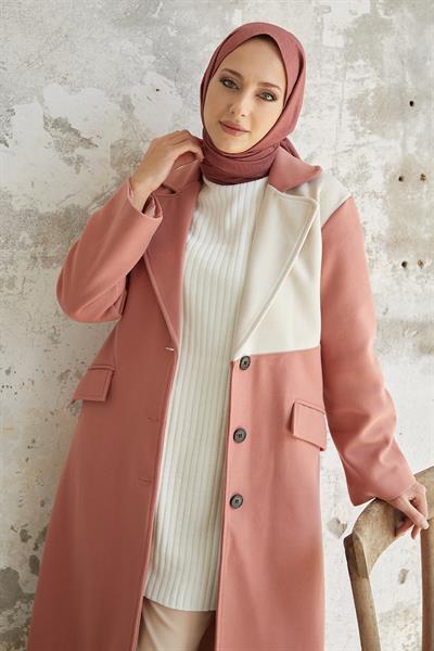 Ferisa Çift Renk Astarlı Kaşe Kaban - Pudra