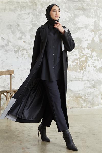 Ferisa Çift Renk Astarlı Kaşe Kaban - Siyah \ Gri