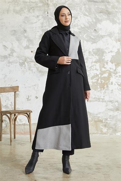 Ferisa Çift Renk Astarlı Kaşe Kaban - Siyah \ Gri