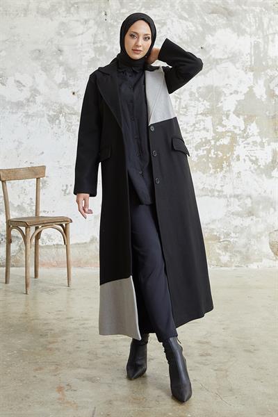 Ferisa Çift Renk Astarlı Kaşe Kaban - Siyah \ Gri