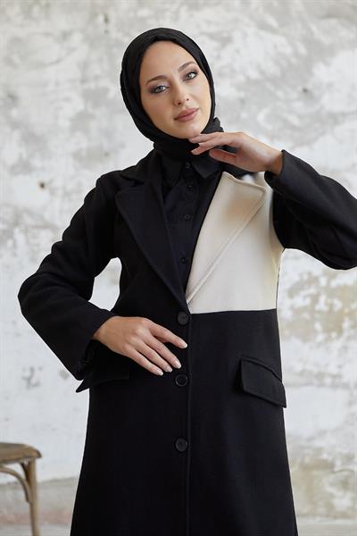 Ferisa Çift Renk Astarlı Kaşe Kaban - Siyah \ Bej