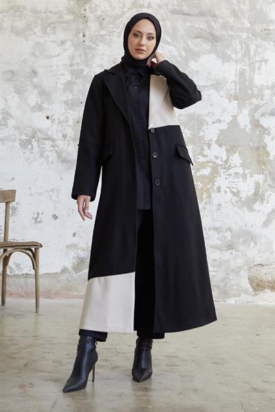 Ferisa Çift Renk Astarlı Kaşe Kaban - Siyah \ Bej