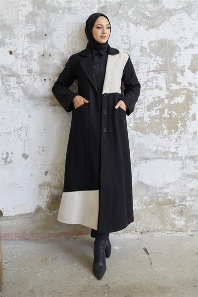 Ferisa Çift Renk Astarlı Kaşe Kaban - Siyah \ Bej