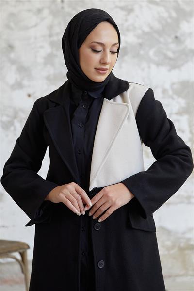 Ferisa Çift Renk Astarlı Kaşe Kaban - Siyah \ Bej