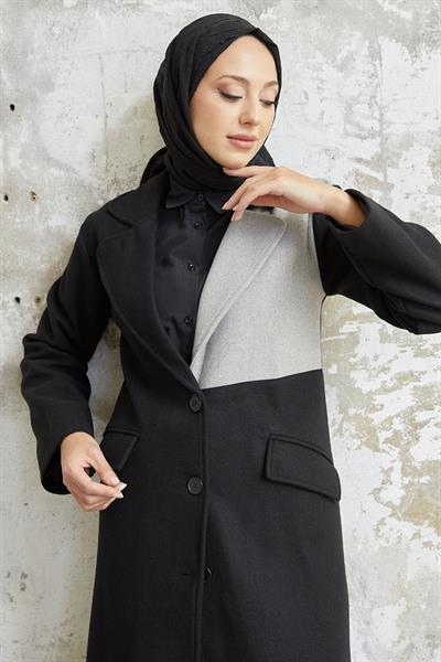 Ferisa Çift Renk Astarlı Kaşe Kaban - Siyah \ Gri