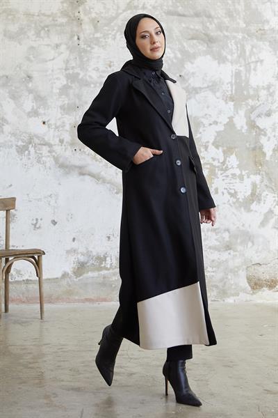 Ferisa Çift Renk Astarlı Kaşe Kaban - Siyah \ Bej